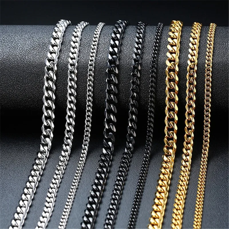 

3mm 5mm 7mm Miami Cuban Link Chain Stainless Steel Gold Plated Fashion Hip Hop Jewelry Black Cuban Chain Necklace for Men