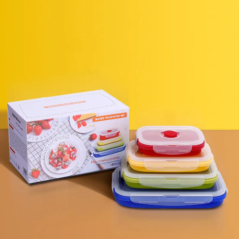 

Silicone collapsible lunch box microwave oven silicone lunch box fresh-keeping foldable bowl creative set, Blue, red, green, yellow