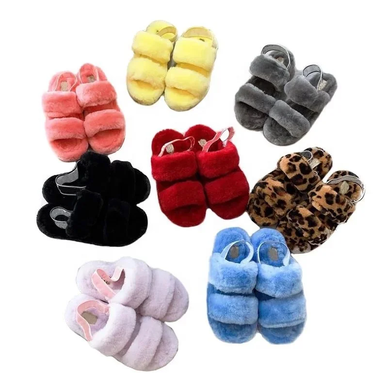 

2021 New style elastic band muffin platform large plush fur sandals, Blue, leopard, yellow, grey, black