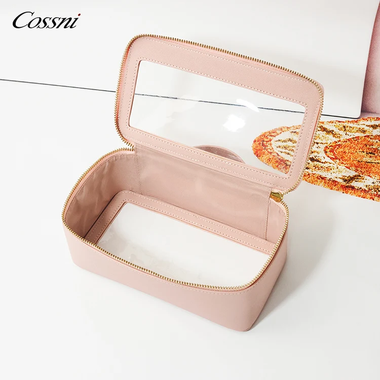 

Clear Makeup Bag Organizer Cosmetic Bag Saffiano Leather with Clear TPU Windows, Customized