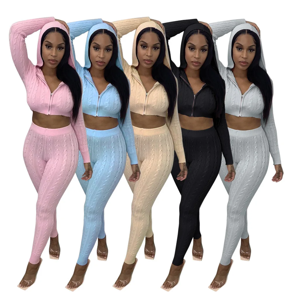

P21035 - fall 2021 crop top and pants women new fashion long sleeve hooded knitted sweater 2 piece set