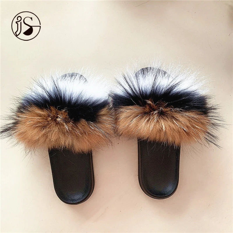 

Real fox fur furry slippers colorful fur slides women fashion slippers custom soft warm women slides real fox fur slides, Picture