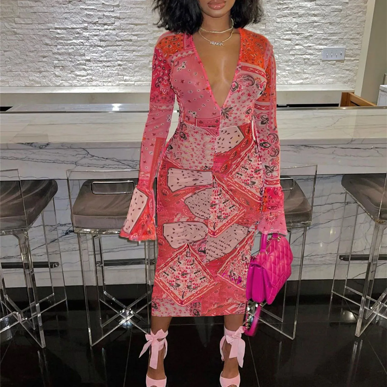 

FS4589D sexy women's full sleeve dress Casual mesh Fashion prints long dresses