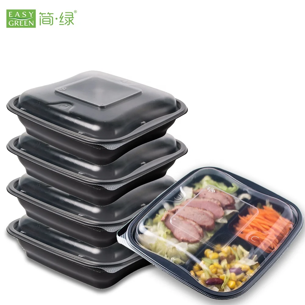 

Disposable food grade take away 3 compartments stackable microwave black meal prep food containers with lid