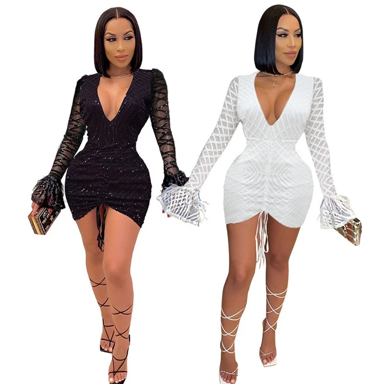 

Women's Hot Sale White Fashion Sequined Flared Long Sleeve Party Dress Evening Spring Dress