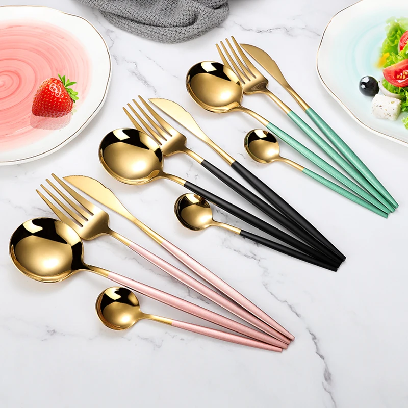 

High quality Stainless steel 304 gold flatware, matte gold spoon fork knife cutlery set, Silver/gold/rose gold/black/rainbow
