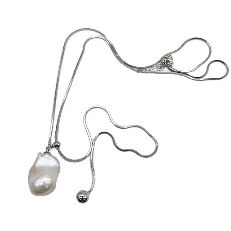 Autumn/Winter S925 Sterling Silver Long Sweater Chain Pull High Touch Natural Baroque Pearl Pendant Necklace for Women