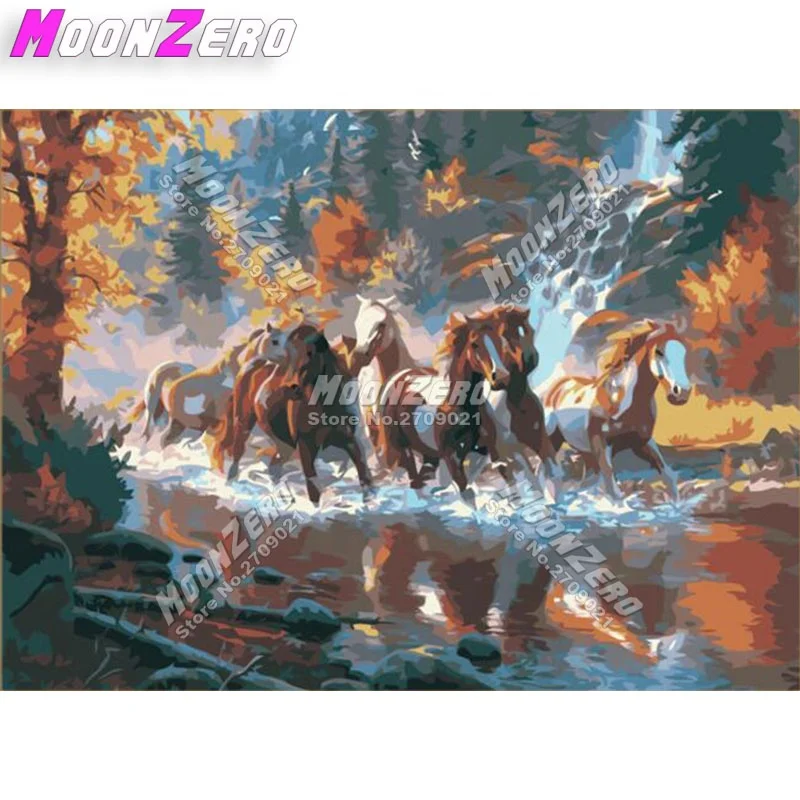 

Wall Painting Handmade Animal Illustration Coloring Digital Painting Horse Group Crossing Water, Multi colors