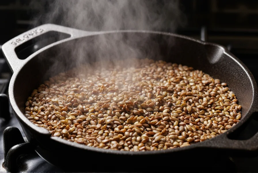 Caraway seeds being toasted in a small cast iron skillet over medium heat, with steam rising and showing the rich brown color development