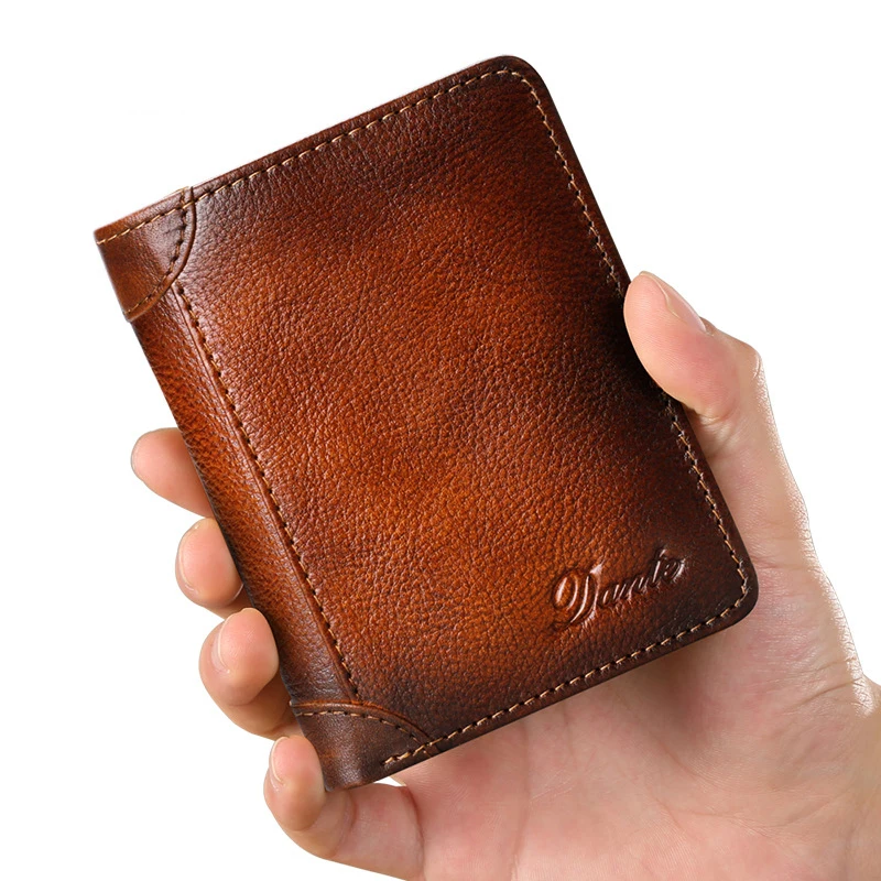 

Vintage Soft Genuine Leather wallets card holder bag male luxury short Anti-theft rfid coin purse wallet for men, 8colors