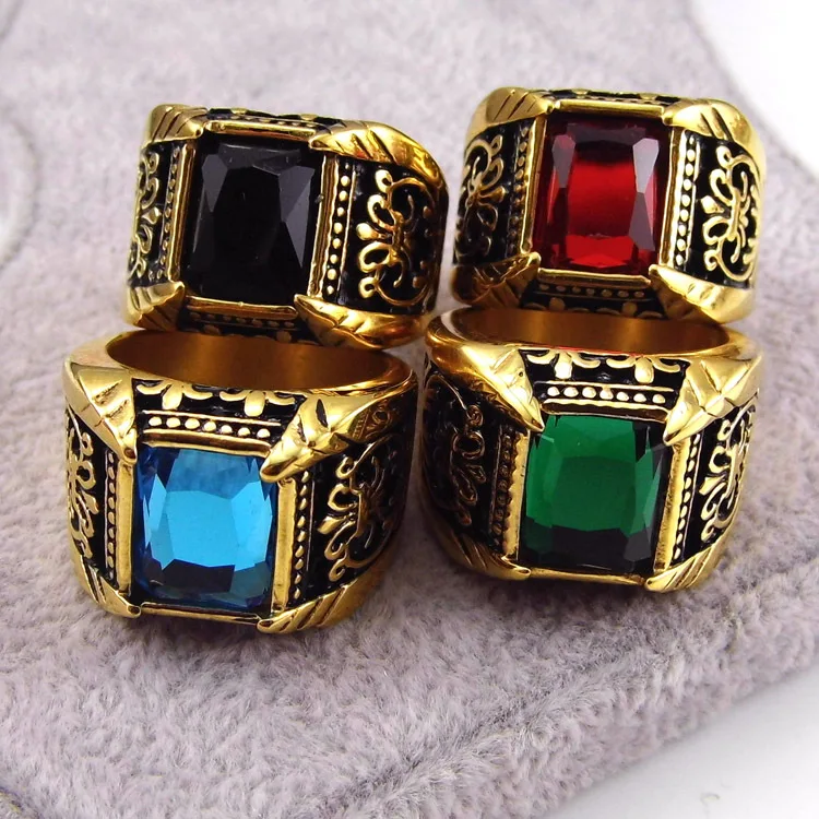 

JUHU Explosive gold titanium steel retro gem ring stainless steel exaggerated personality jewelry for men and women, Colorful