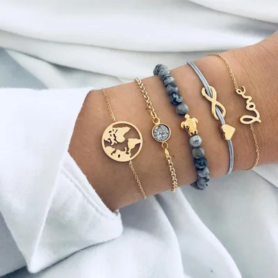 

VRIUA Bohemian Blue Beads Chain Bracelets Bangles For Women Fashion Earth Tortoise Love Gold Color Chain Bracelets Sets Jewelry