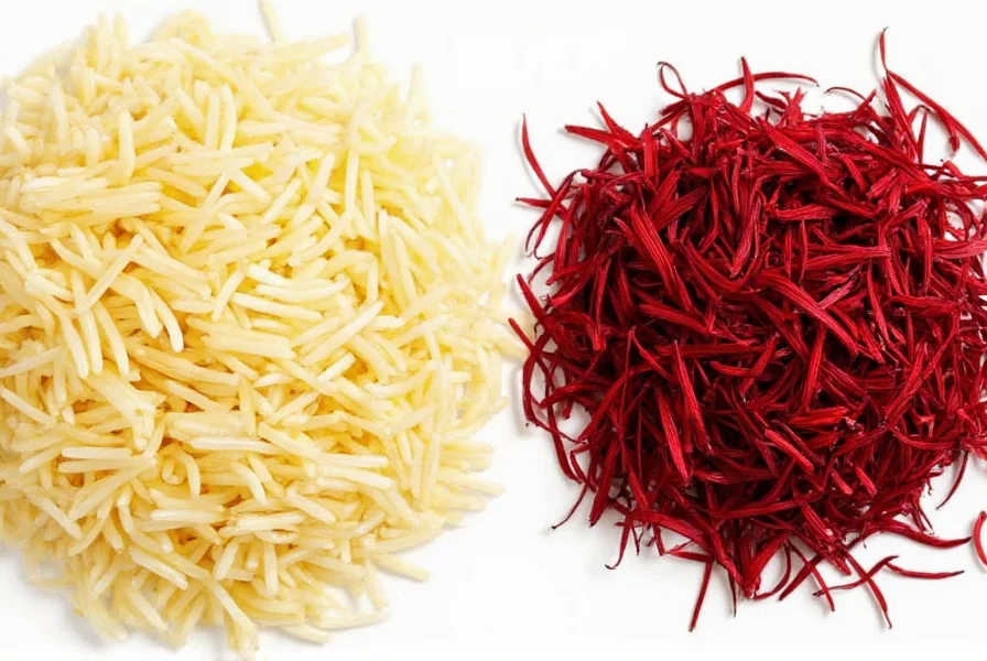 Close-up comparison of raw basmati rice grains next to saffron threads on white background