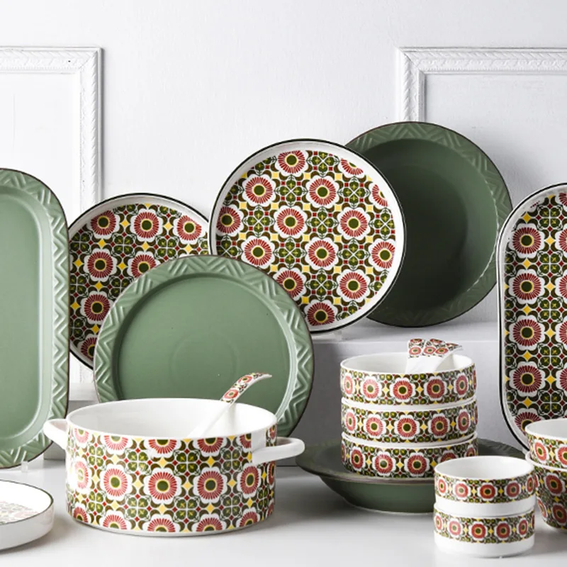 

SYL Popular Nordic style bohemian ceramic tableware cabbage and green mix plate dishes tableware bowls household dinnerware set, As the picture