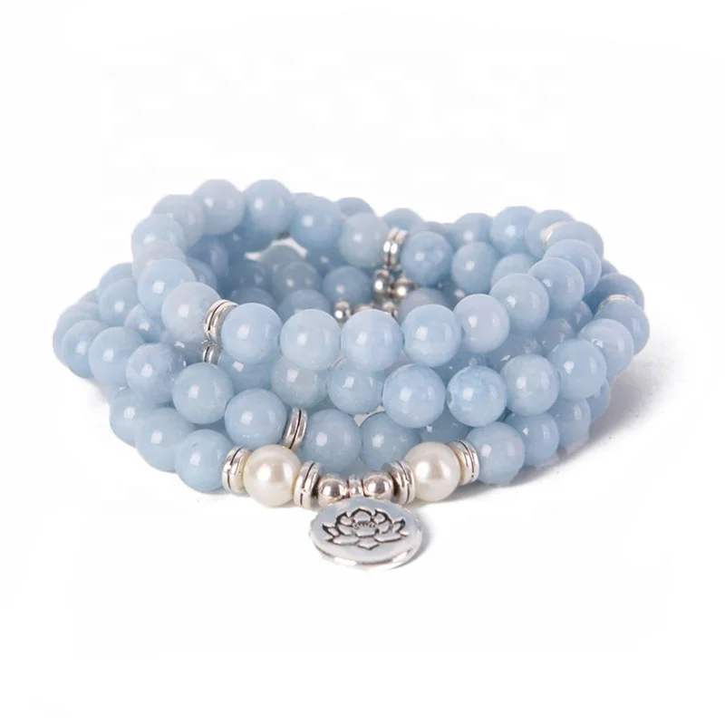

108 Mala Beads Sky Blue Lotus Strand Bracelet Yoga Bracelet For Buddha Women Jewelry