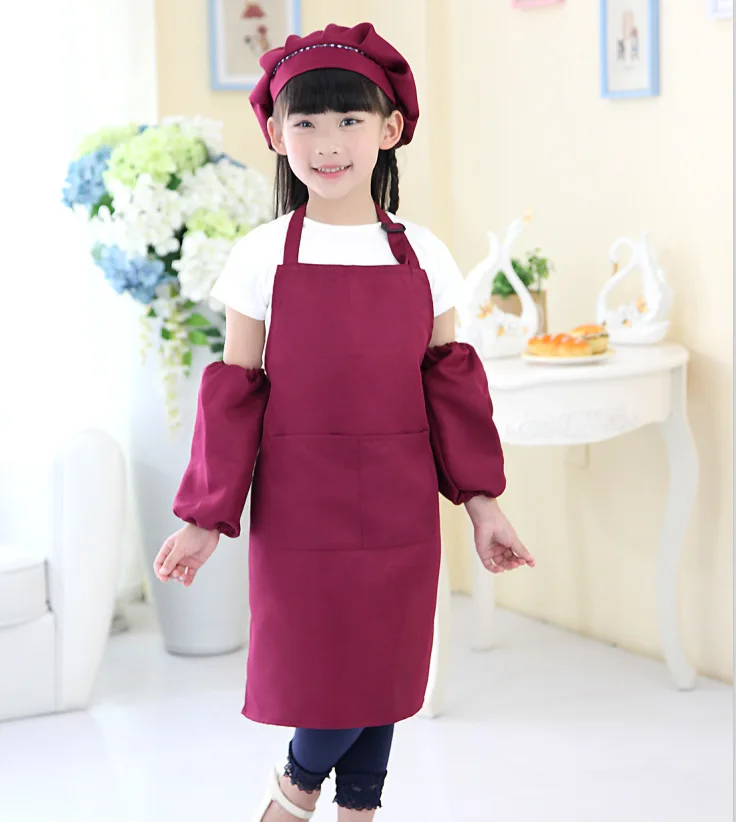 

100 polyester Kid / kids children's customized painting clothing art kindergarten logo advertising water proof pink apron set, Customized color