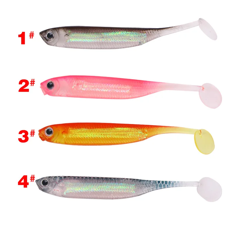 

7cm 5PC/Bag New Style soft worm fishing bait carp fishing bait T Tail Soft Baits, 4 colors