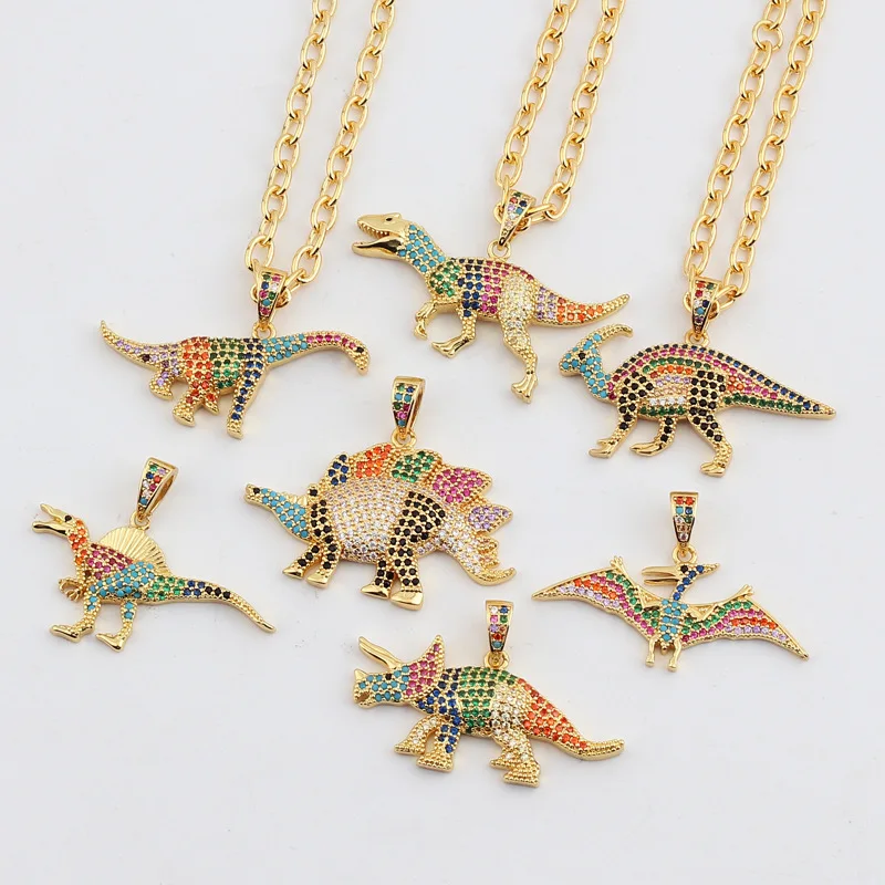

Gold Necklace Micro-Inlaid Color Zircon Jurassic Period Dinosaur Necklace Triceratops Punk Men Women Pendant Necklace