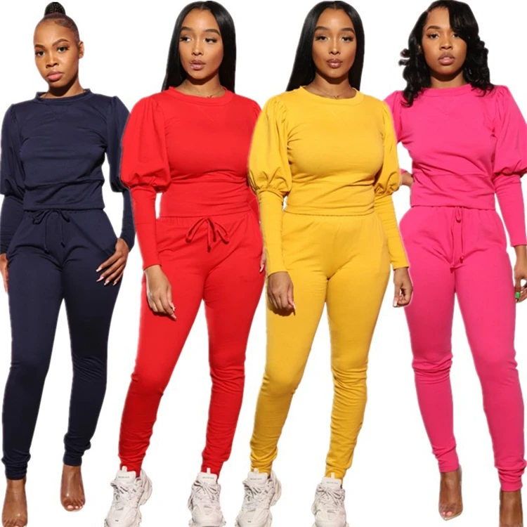 

D96193 2021 new arrivals hot selling Fashion bubble long sleeves pocket casual sexy women sets two piece