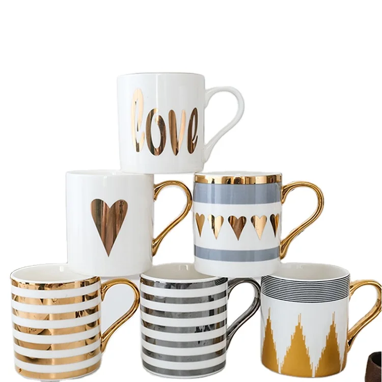 

Wholesale Nordic style custom printed porcelain mug ceramic sublimation coffee gift mug with box, White ceramic mug with golden handle and custom gold logo
