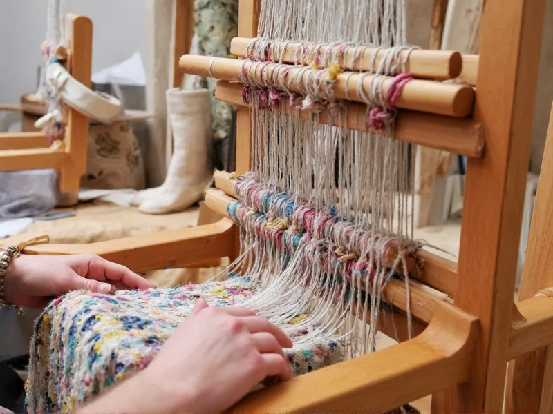 Hand weaving recycled fabric strips on wooden loom