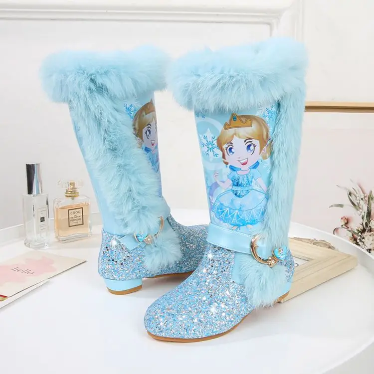 

Newly Designed Cartoon Pattern Knee-High Bright Winter Fur Girls Boots With Zipper
