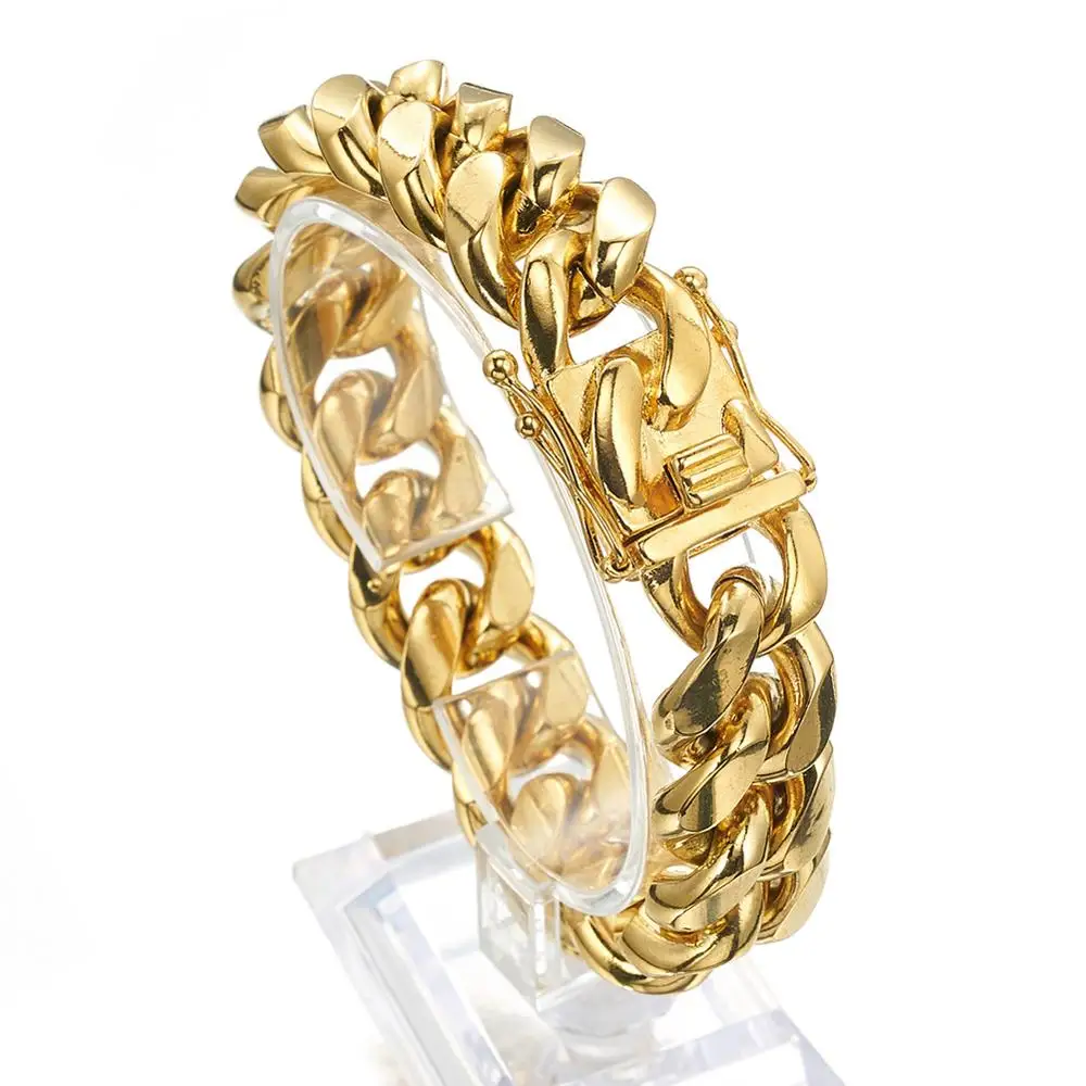

18K Real Gold Plated Stainless Steel HipHop Miami Cuban Link Bracelet For Mens Jewelry
