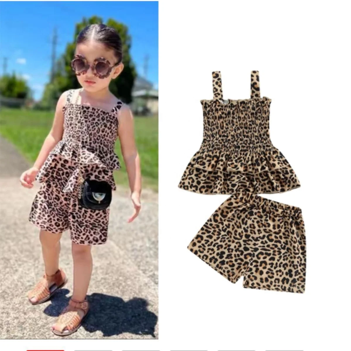 

2022 Baby Girls Suit Leopard Pattern Wide Sling Ruched Ruffle Top Shirt High Waist Short Pants 2PCS Kids Boutique Clothing