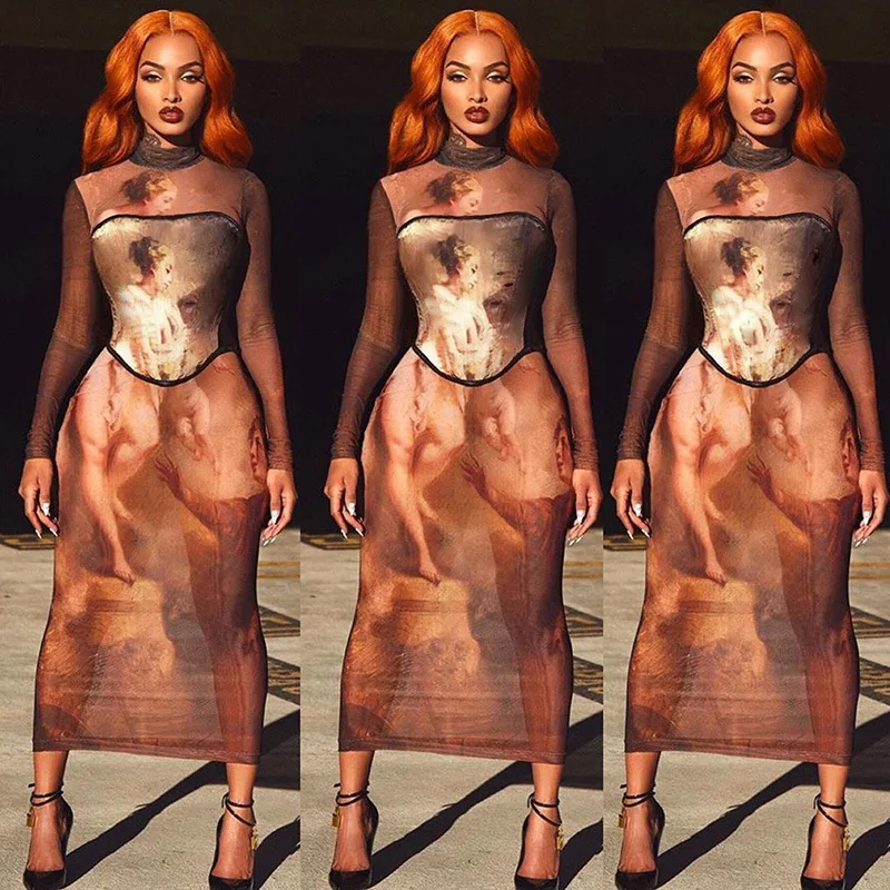 

Women Dresses Sexy Fashion Winter Spring Long Sleeve Printed Bodycon Slim Pencil Long Dress 2021 Fall Clothes Streetwear C13542, Can follow customers' requirements