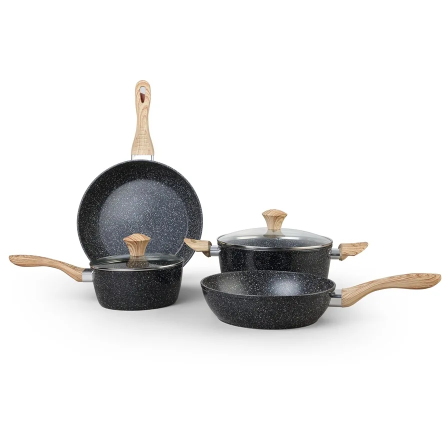 

eco-friendly kitchenware aluminum glass cooking pot wood handle nonstick cookware sets, Customized color