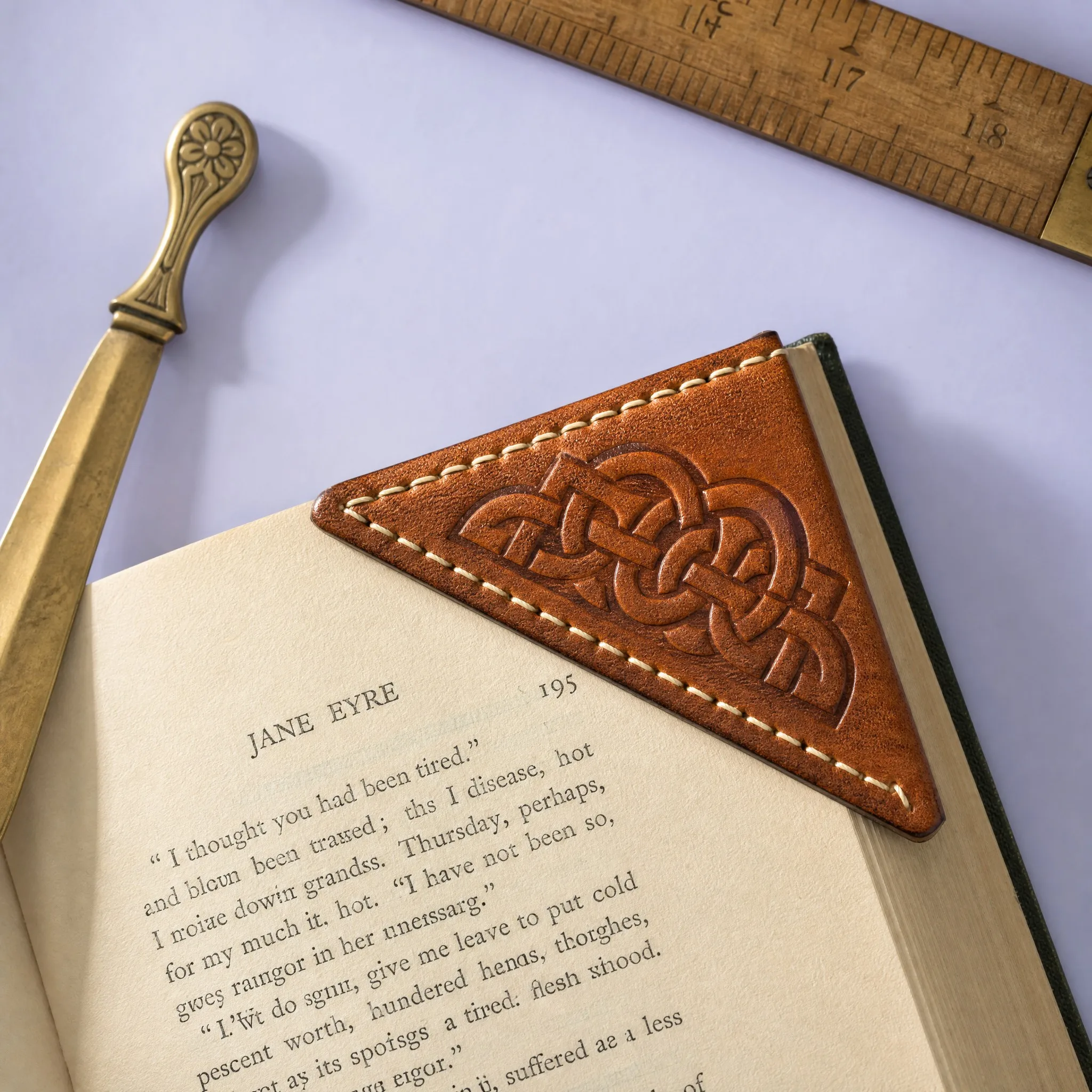 Custom Full Grain Vegetable Tanned Leather Corner Bookmark with Heated Celtic Knot Debossing