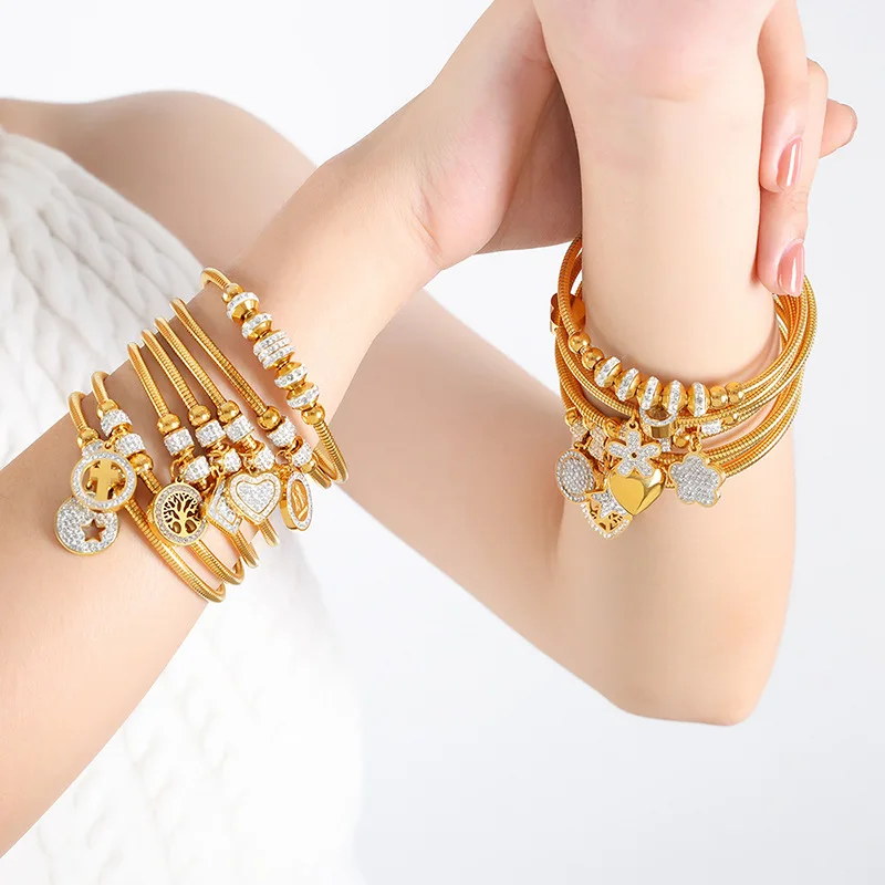 

High Quality Personalized Heart Shape Gold Plated Stainless Steel Bracelet With Crystal For Girls