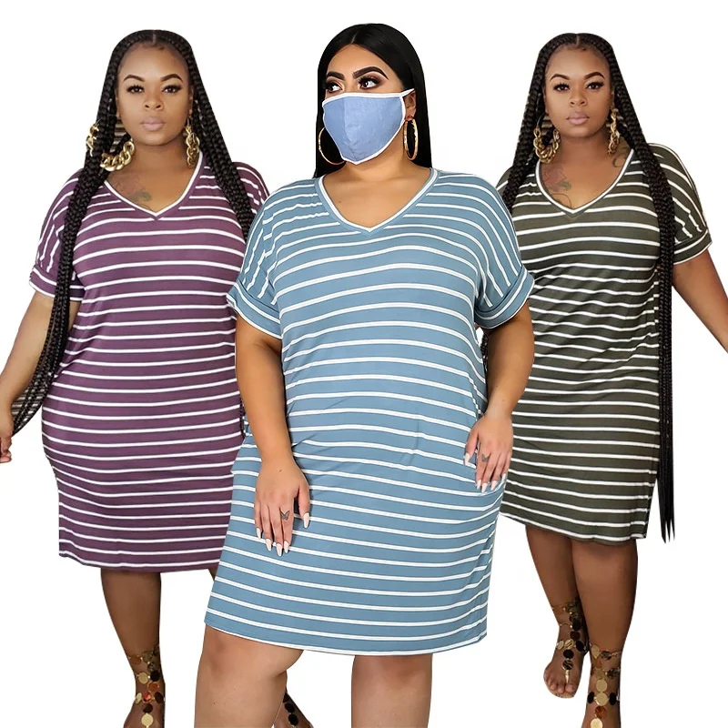 

Hot Selling Casual New Large Size Striped Fat V-Neck T-Shirt Plus Size Dress