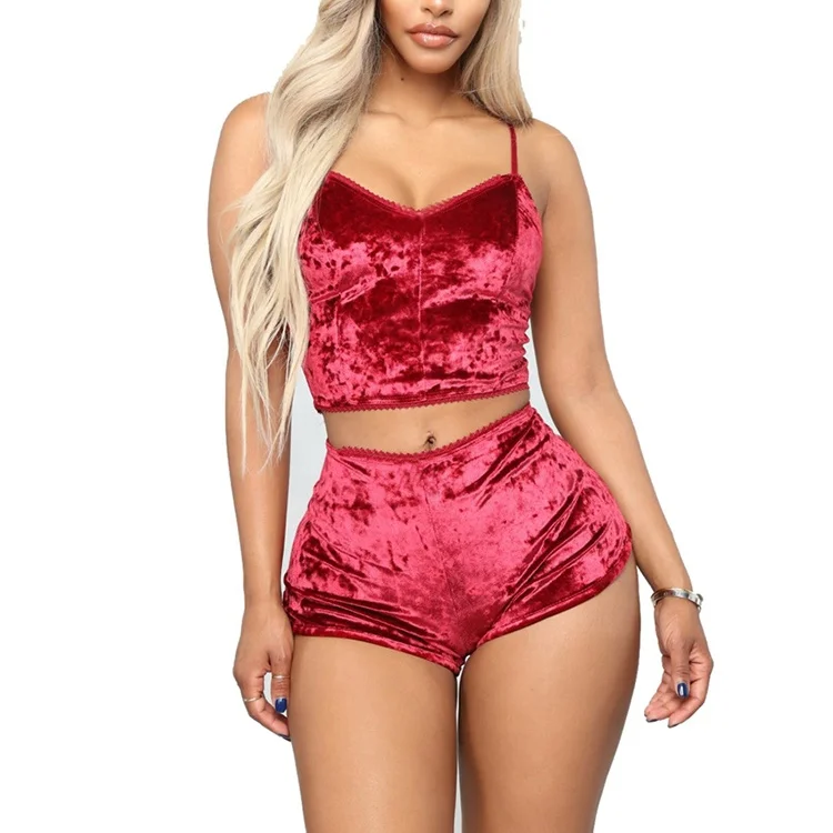 

9006 Wholesale Sexy Spaghetti Strap Shorts Velvet Nightwear Two Piece Velvet Pajamas Women, 13 colors