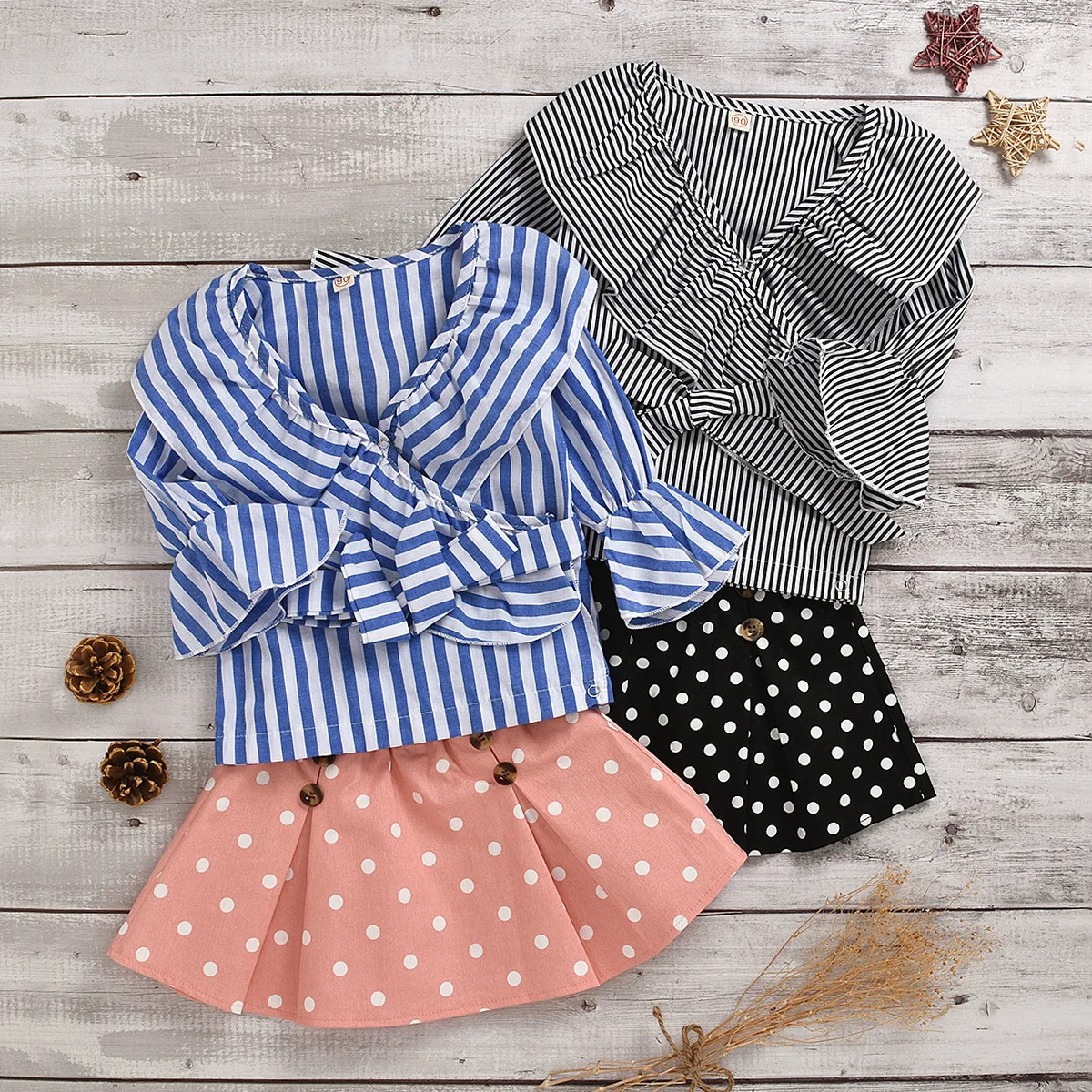 

Spring Summer Flare Sleeve Striped Top Polka Dot Skirt Set