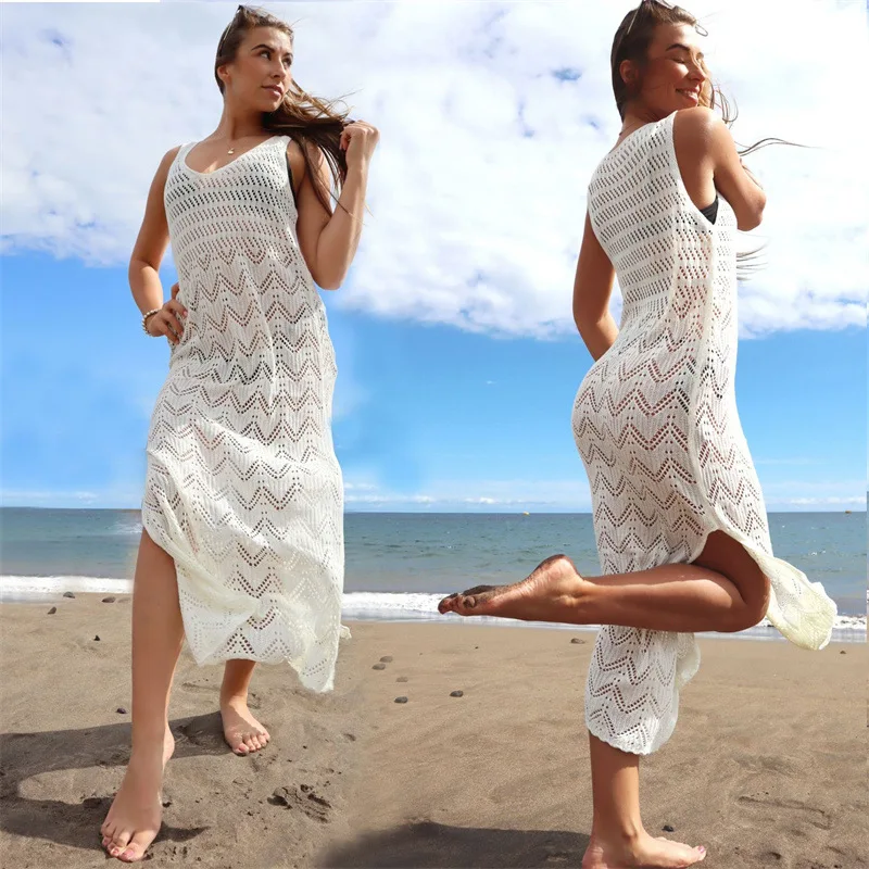 

2022 Vest style hollow knitted skirt women's swimsuit swimwear sexy bikini beach mesh cover up dress crochet