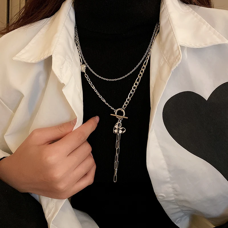 

fashion plaid pendant double layer heart necklace