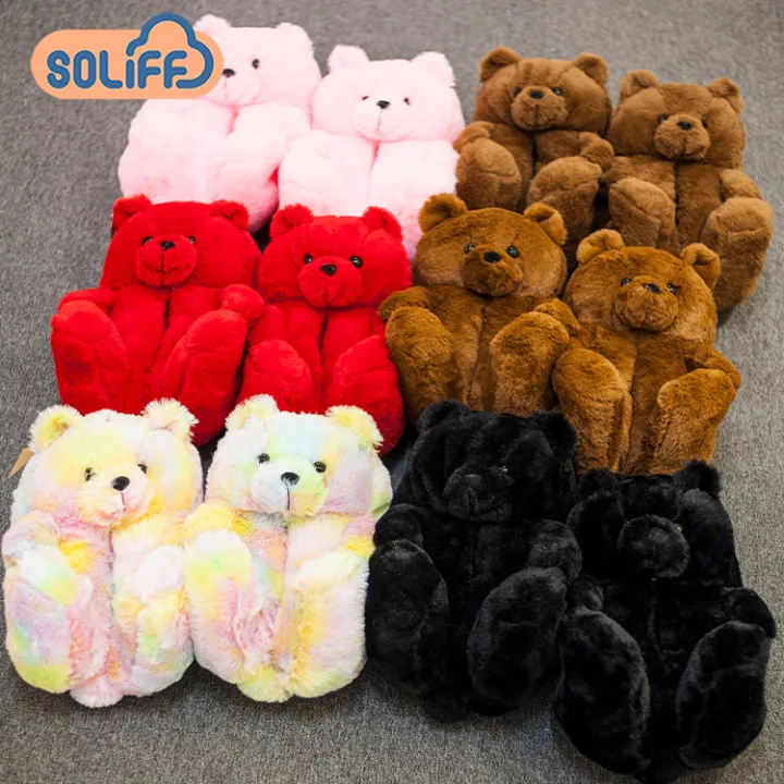 

2021 Wholesale Cheap Woman Kid Bedroom Soft Fluffy Bear Slip on Shoes Plush Teddy Bear Slippers