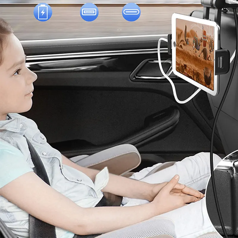 

Universal Car Pillow Mobile Tablet Stand Mount Bracket Adjustable Holding Clamp Back Seat Headrest Phone Holder For ipad 11/12, Silver golden black