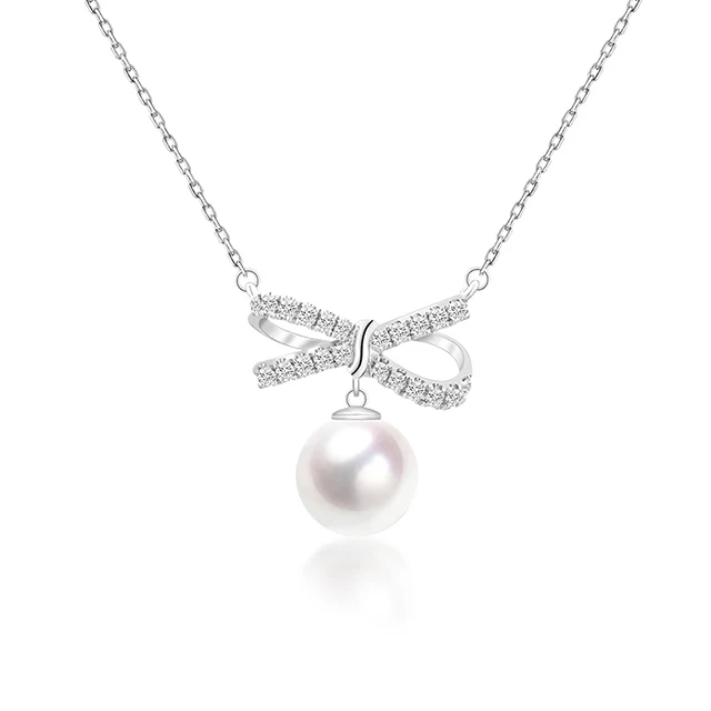 

Luxury 18K Gold Akoya Pearl and Lovely Diamond Bow Pendant Necklace for Ladies Wholesale Free Shipping