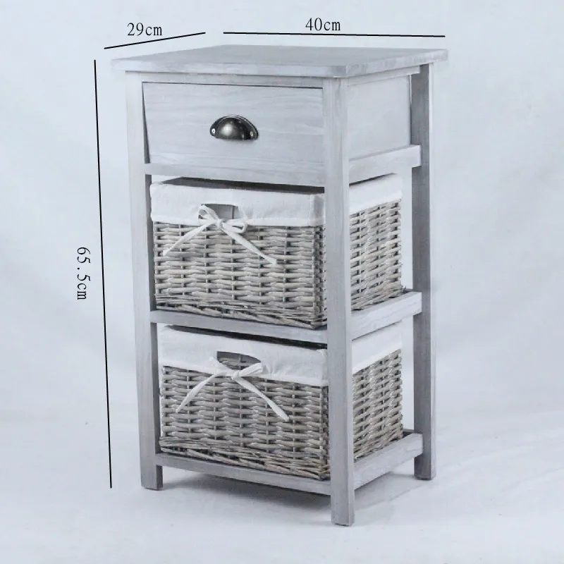 DW Home Grey Wooden Storage Unit 3 Drawer Fabric Basket Chest Organiser Bedroom Hallway 