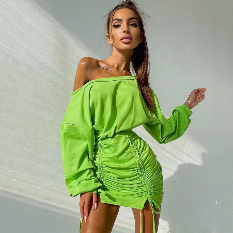 

2021 Fall arket dress Neon Color Casual allure couture Pleated Dresses Women Off Shoulder Long Sleeve Sexy Bodycon Dress Ladies, Picture