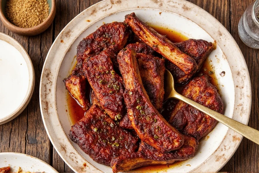 Bottle of liquid smoke next to a plate of finished ribs