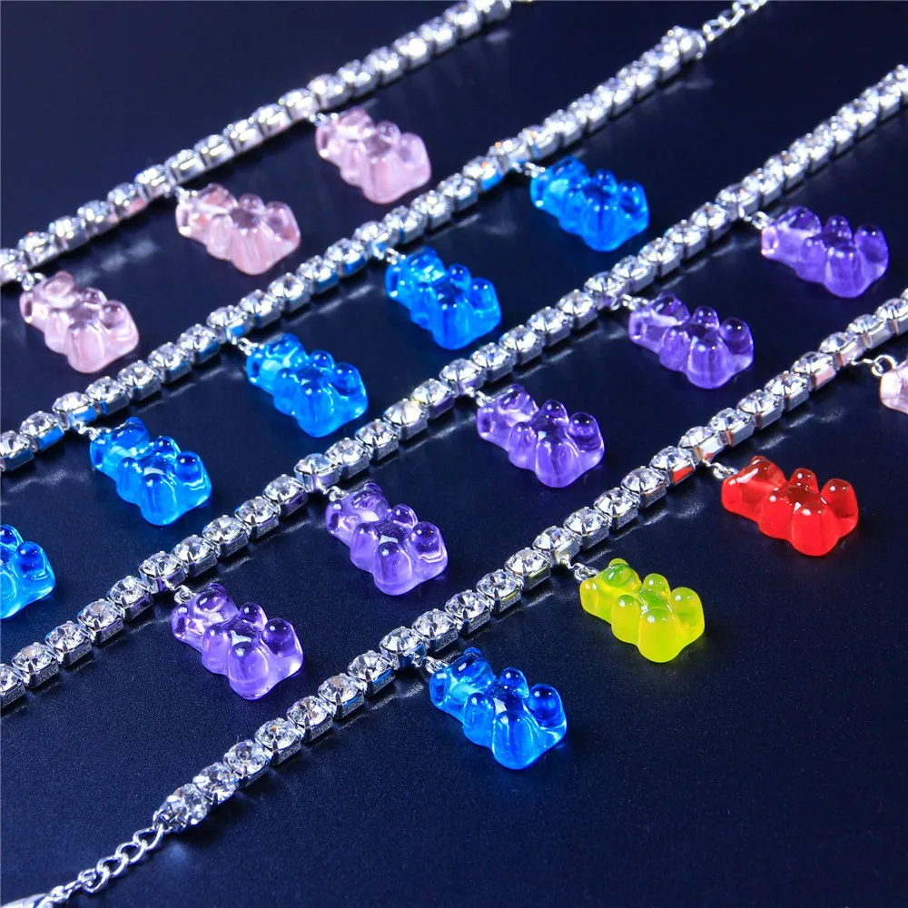 

Bear Acrylic Charms Rhinestone Anklet Women Colorful Pendants Charms luxury Beach Anklets Foot Bracelets Jewelry, Gold silver pink