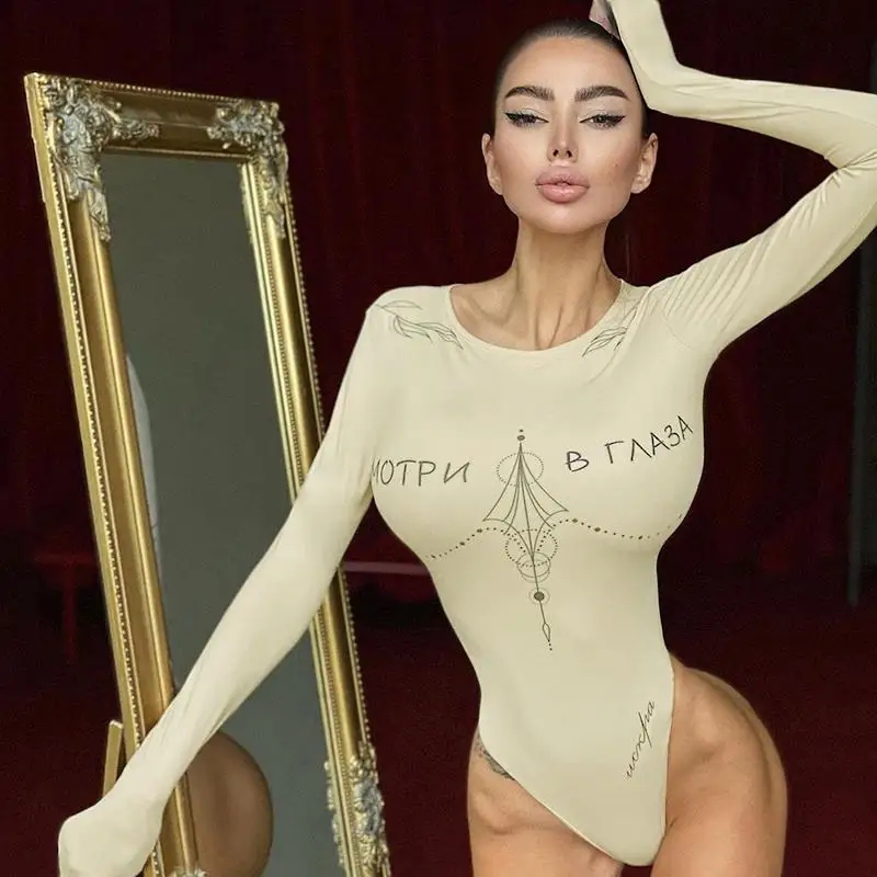 

Spring New Arrival Women Fitness Bodysuit Fashion Print Long Sleeve Bodysuit For Women Clothing
