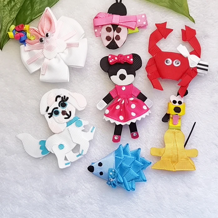 

Free Shipping Mini Bow Hair Clip Small Sweet Mickey owl puppy rabbit hedgehog ladybug shrimp Bow Safety Clip For Kids Hairpins, Picture/custom