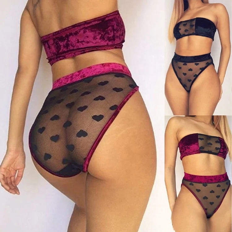 

women Cut Out Two Piece Set adult transparent sexy lingerie underwear panty, Black,wine red