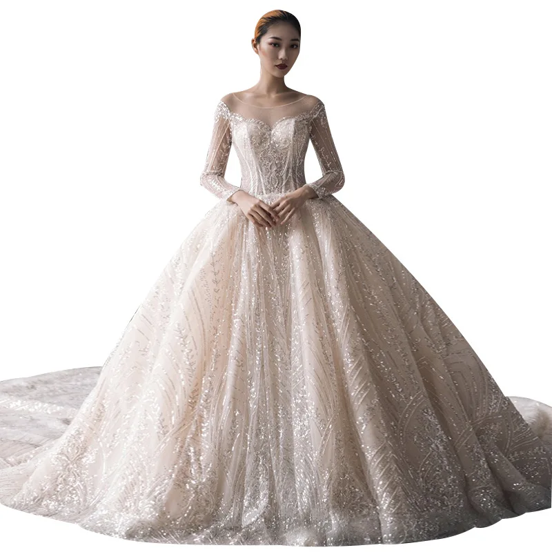 

Women one-shoulder long-sleeved halter wedding dress long trailing bright silk bridal gown, Ivory