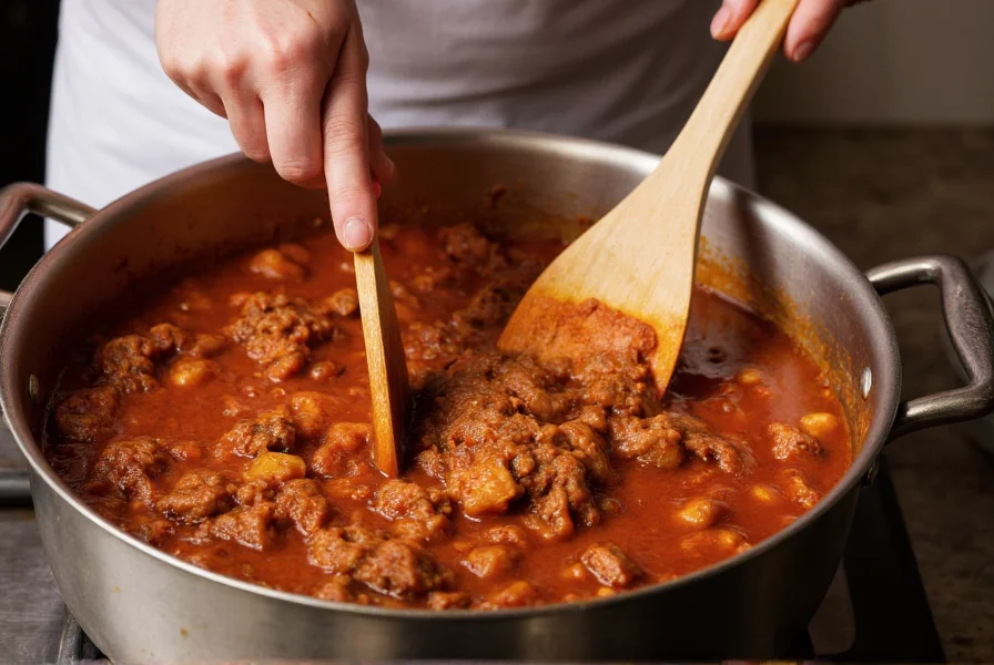 Chef's hands stirring pork chili in pot showing texture of tender pork and thickened sauce