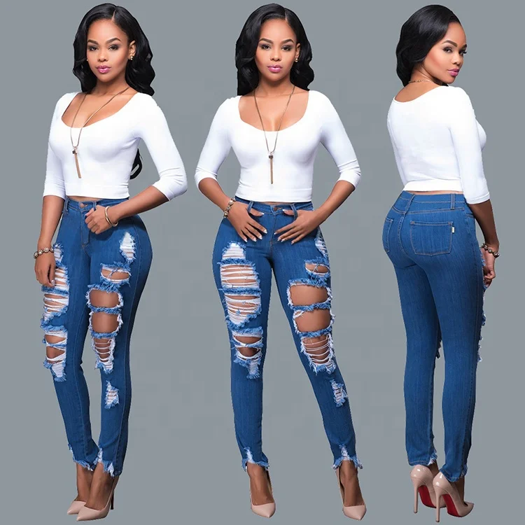 2019 spot sales High quality fashion broken hole women's blue classic jeans